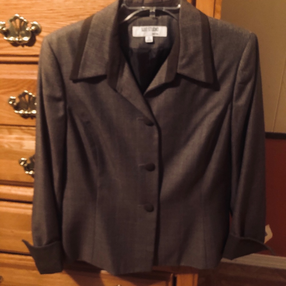 Plaid brown/tan jacket, trimmed faux suede, lovely